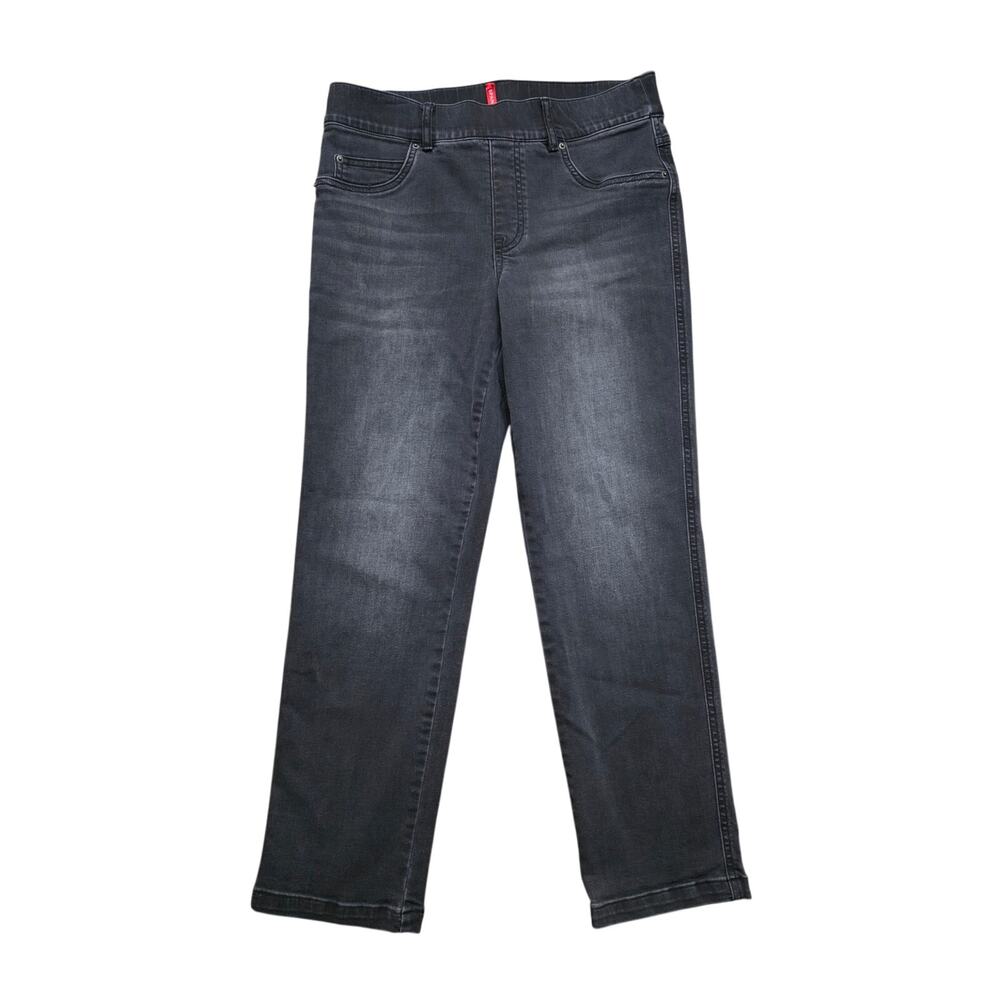 Spanx Straight Leg Distressed Black Wash Pull On Jeans Size Medium Petite